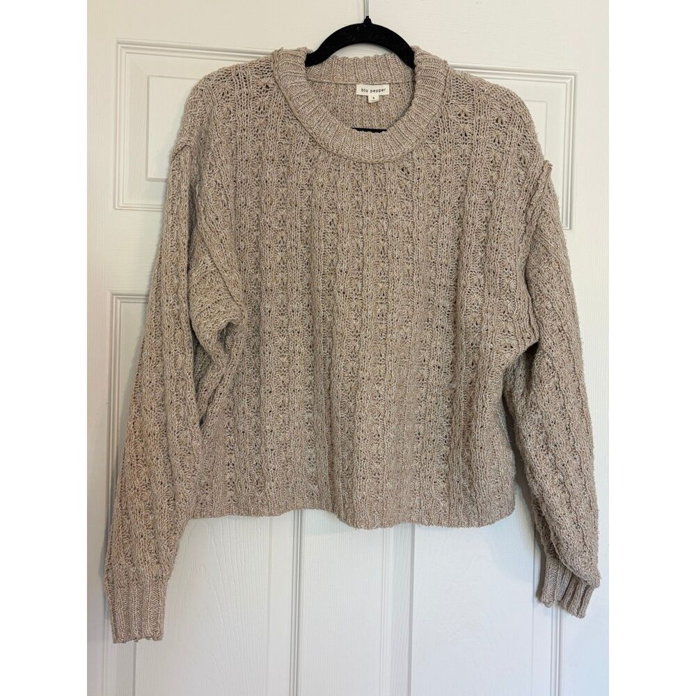 Blu Pepper Women's Small Oatmeal Open Knit Crochet Sweater Crew Neck Pullover